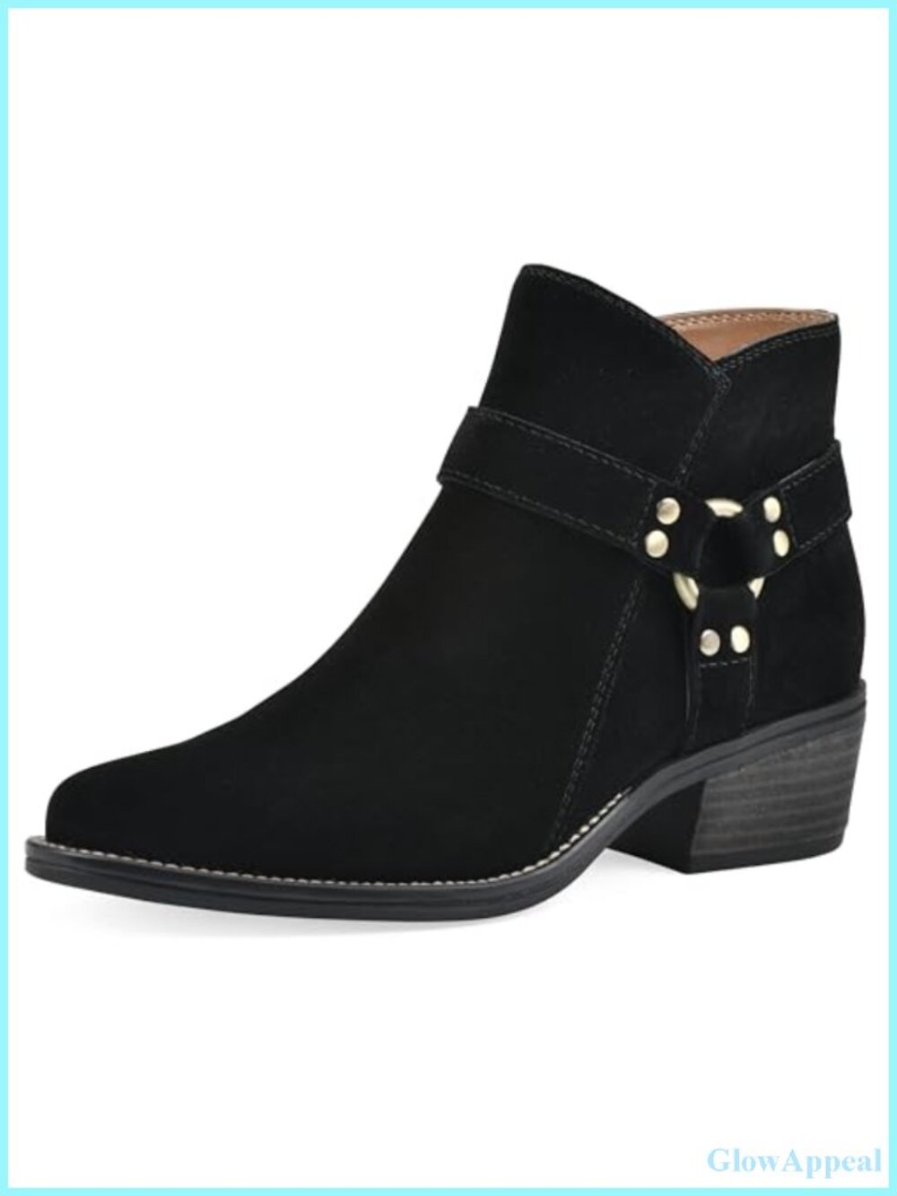Western Ankle Booties Leather Almond Toe Harness Detail Block Heel